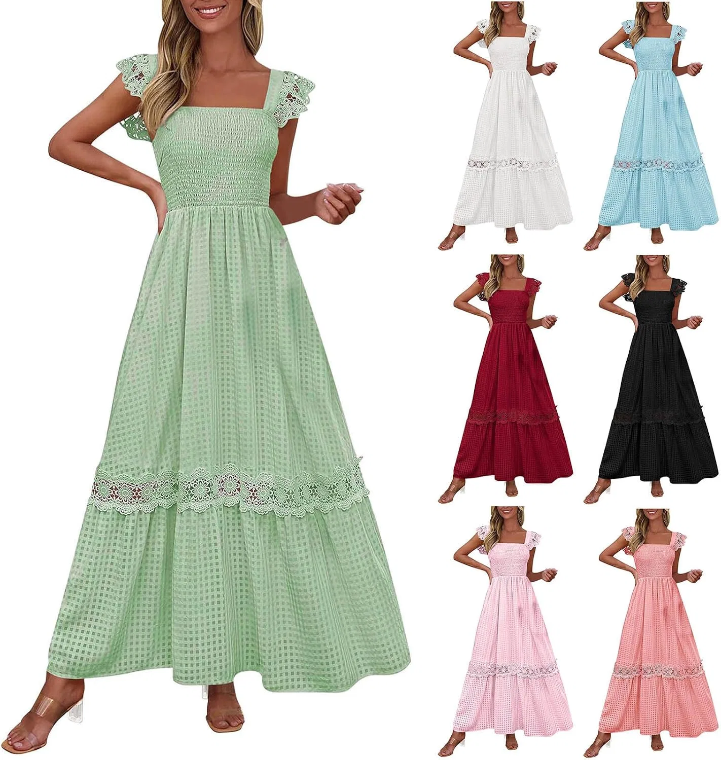 Женское летнее макси-платье с рюшами A-line, Mint Green