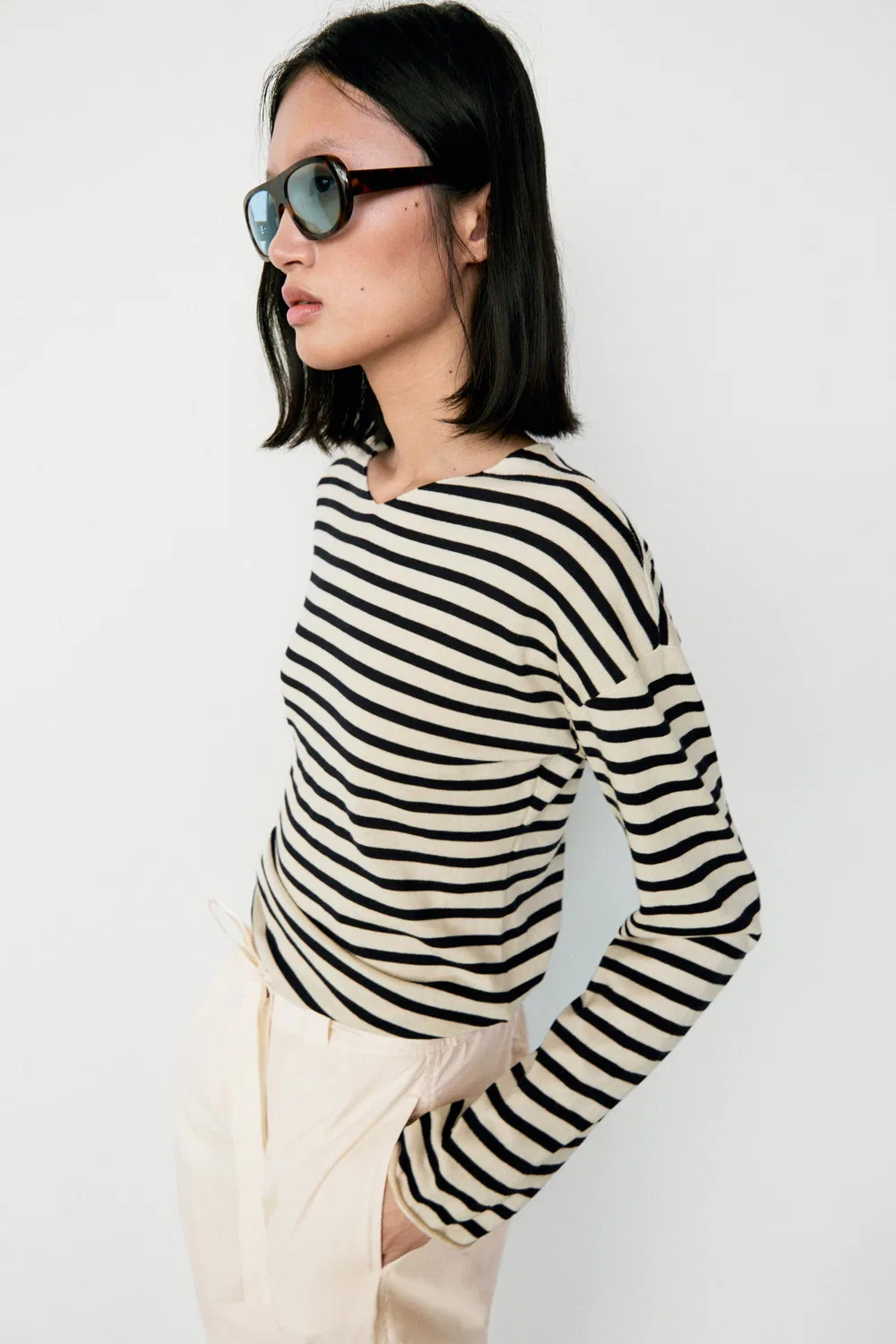 Свитер Massimo Dutti, длинный рукав, полосатый узор, темно-синий — фото 4