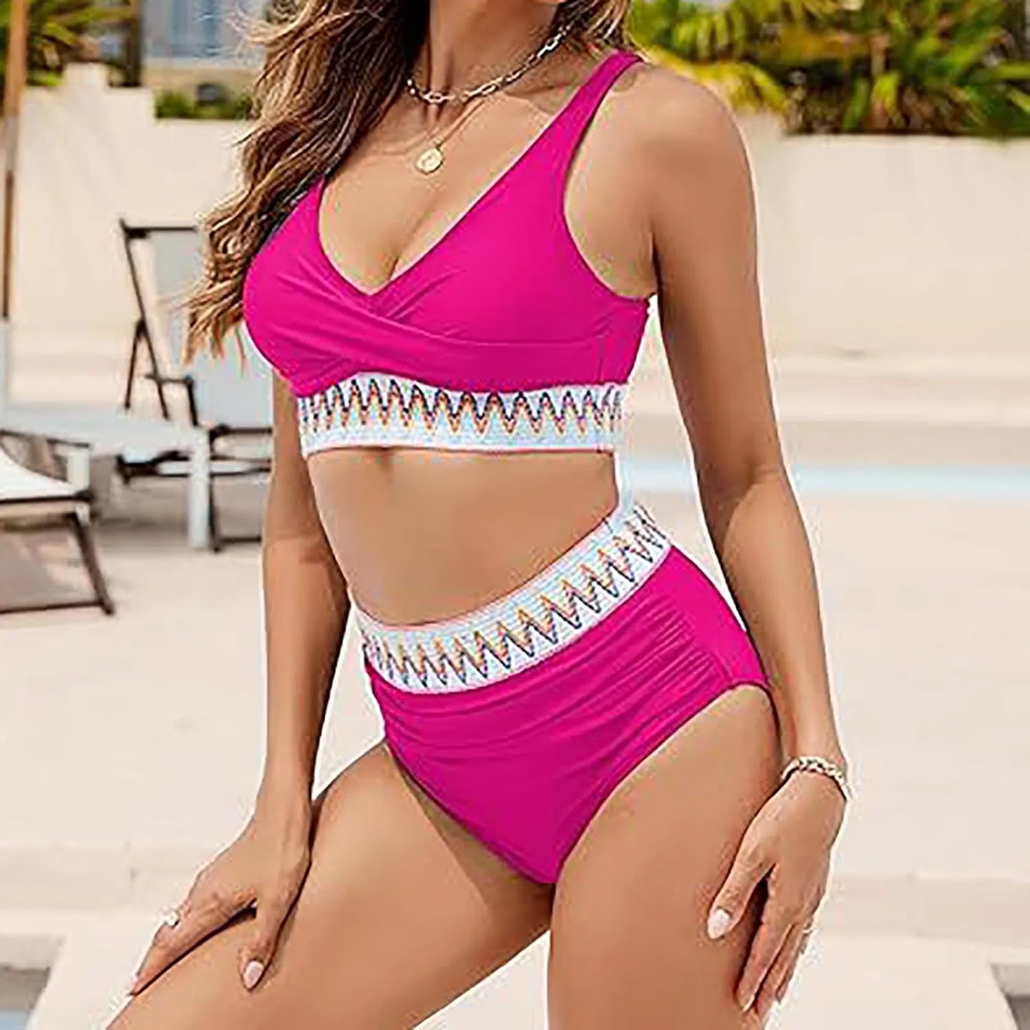 Женский купальник бикини с V-образным вырезом и высокой талией, Hot Pink — фото 2