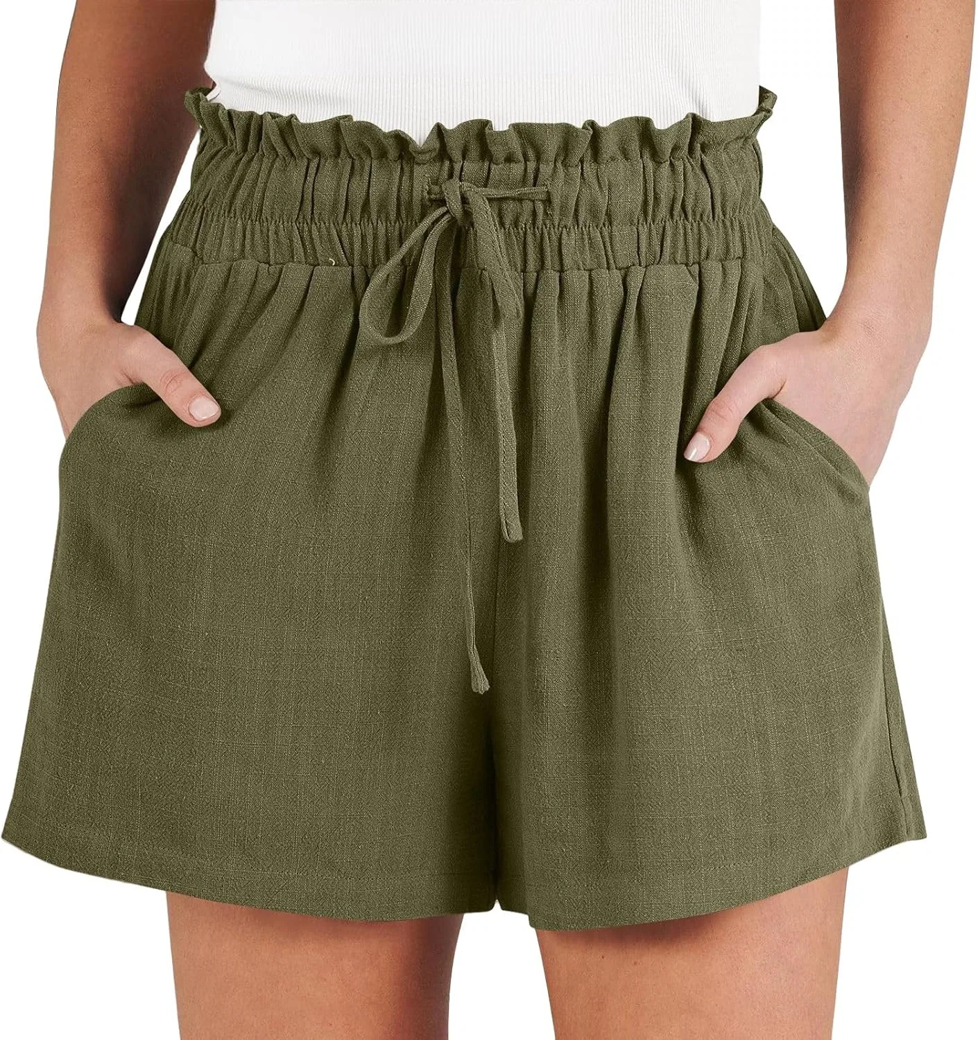 Женские свободные шорты с высокой талией на завязках, Army Green