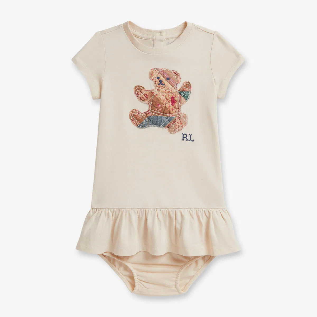 Платье из хлопкового трикотажа, в котором сидит девочка-медвежонок Polo Ralph Lauren, бежевый