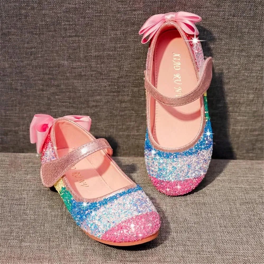 Детские туфли Мэри Джейн с пайетками и бантом Rainbow Sequined Bowknot TN TANGNEST, Rainbow Pink — фото 3