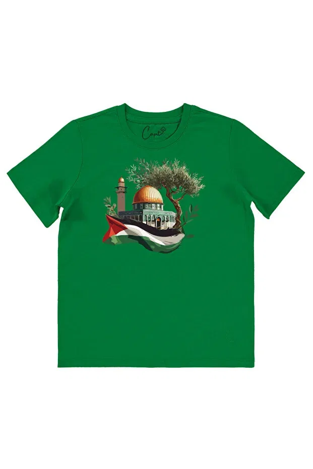 Детская футболка для мальчиков хлопковая с принтом Cotton lu palestine jerusalem printed green short sleeve children's t-shirt Çapıt, Green