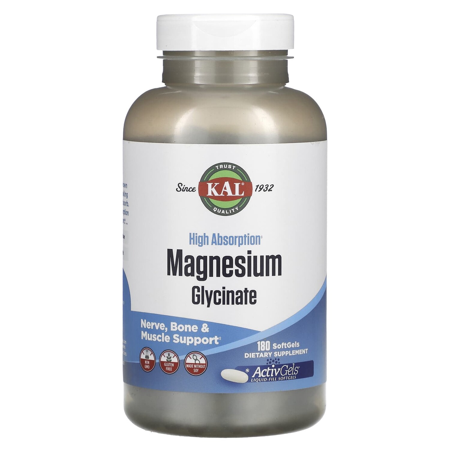 

Глицинат магния с высокой усвояемостью KAL High Absorption Magnesium Glycinate, 180 мягких таблеток