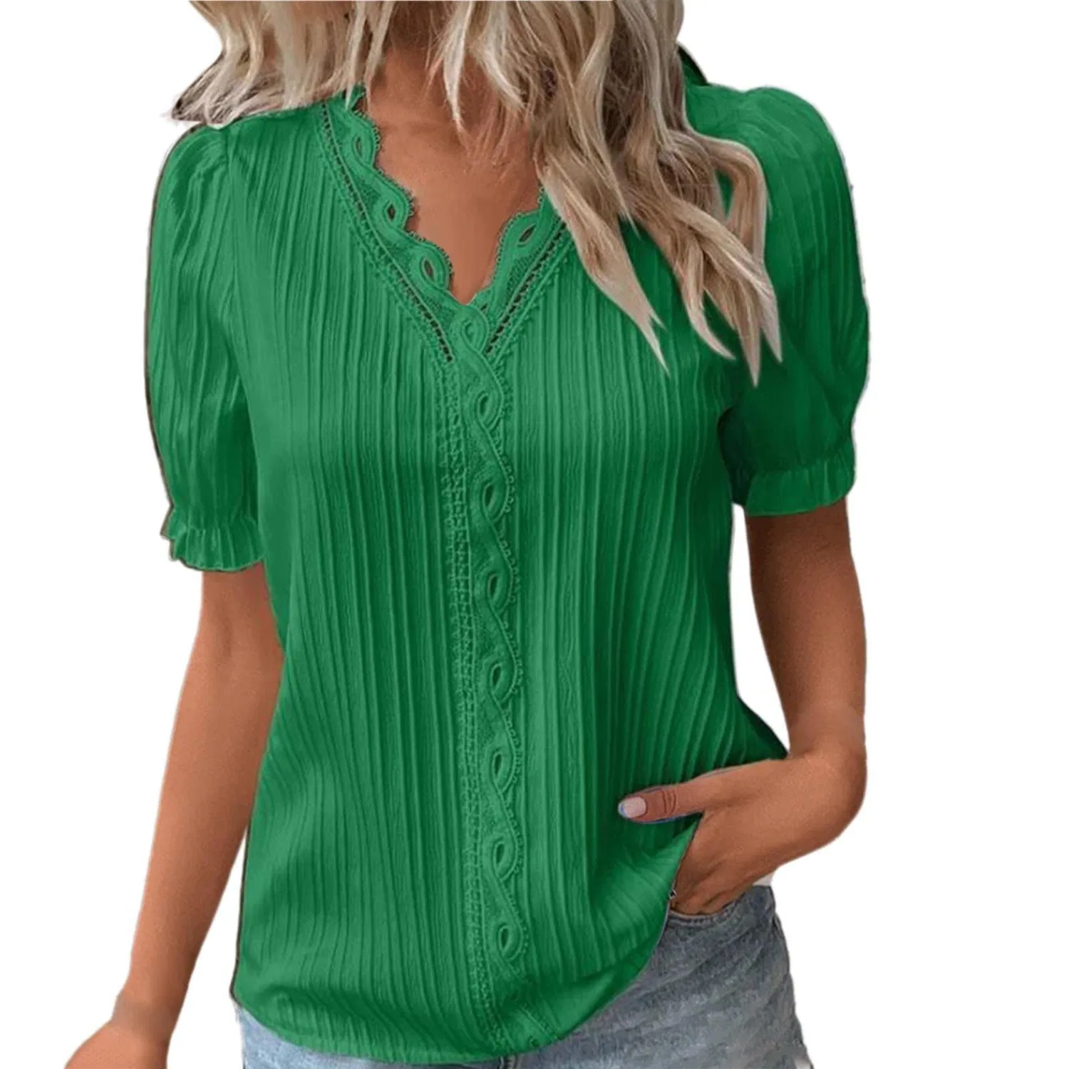 Женская блузка с кружевным V-образным вырезом Elegant Plus Size, Green
