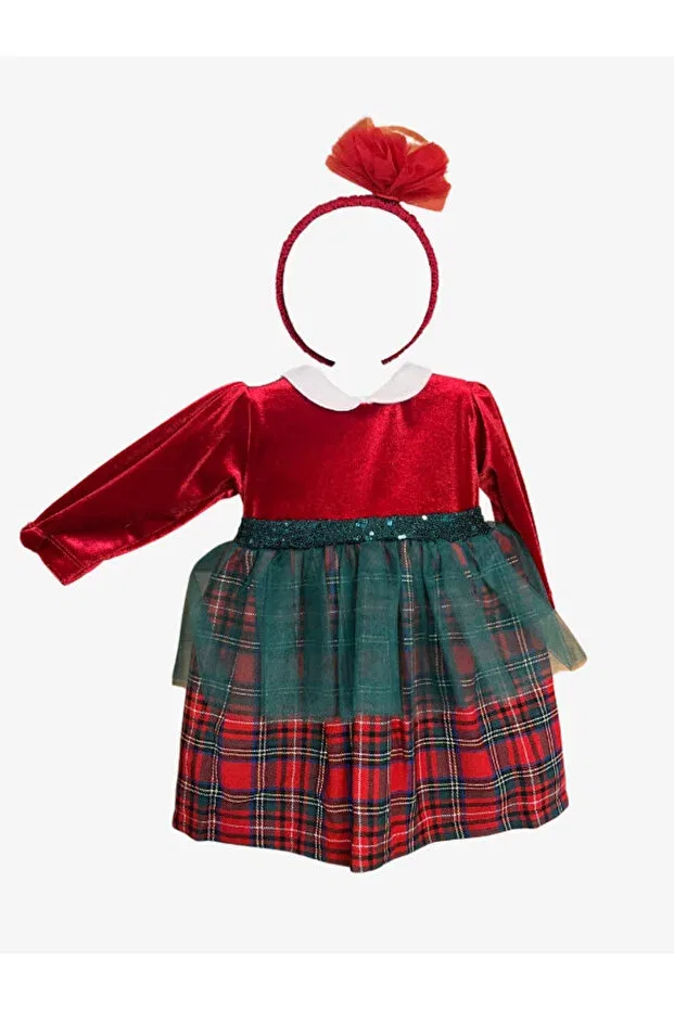 Детское платье для девочек с принтом Christmas detail baby-children's velvet plaided dress + crown Caramel, Red — фото 2