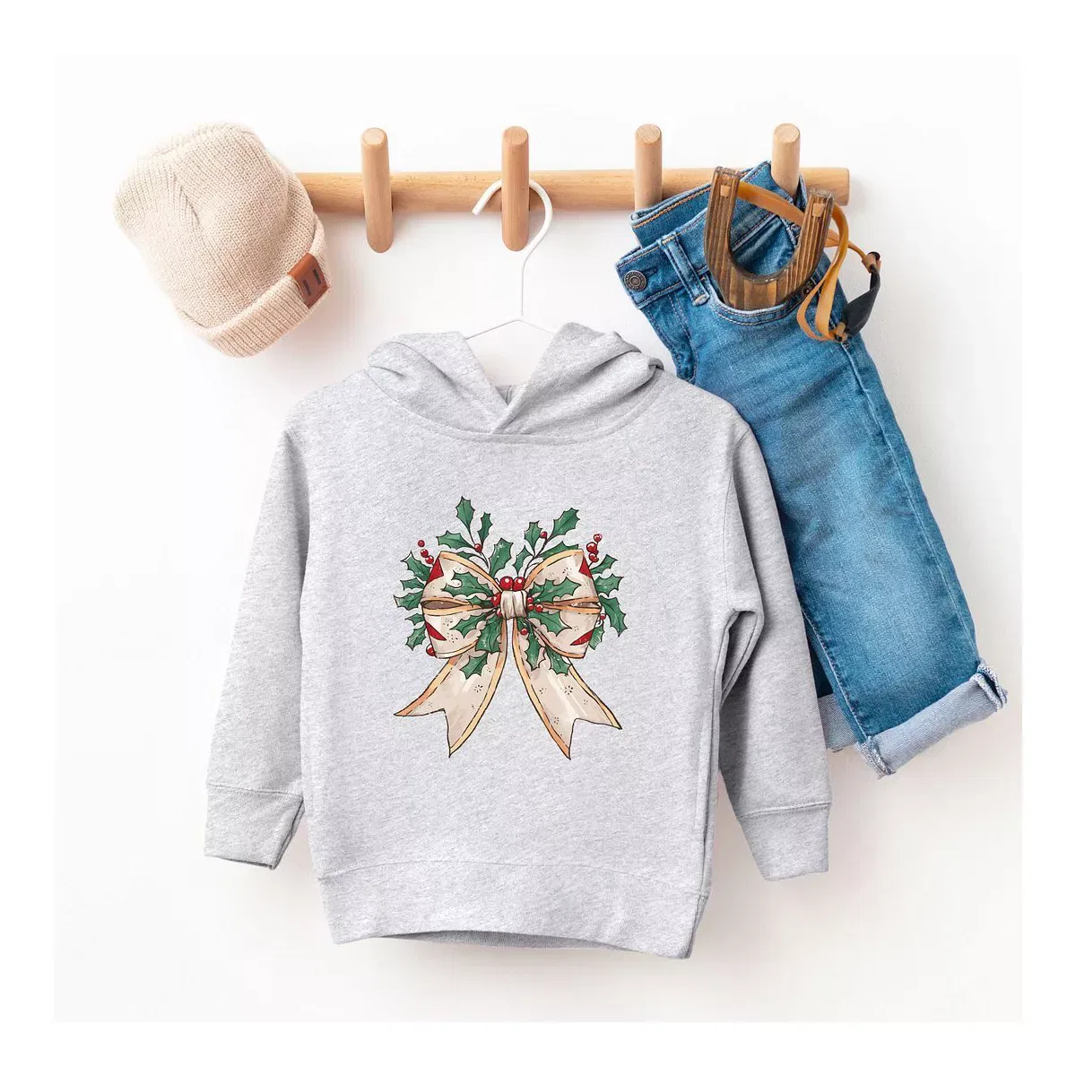 Детский худи для девочек с графическим принтом Holly Leaves Coquette The Juniper Shop, Heather Grey — фото 2