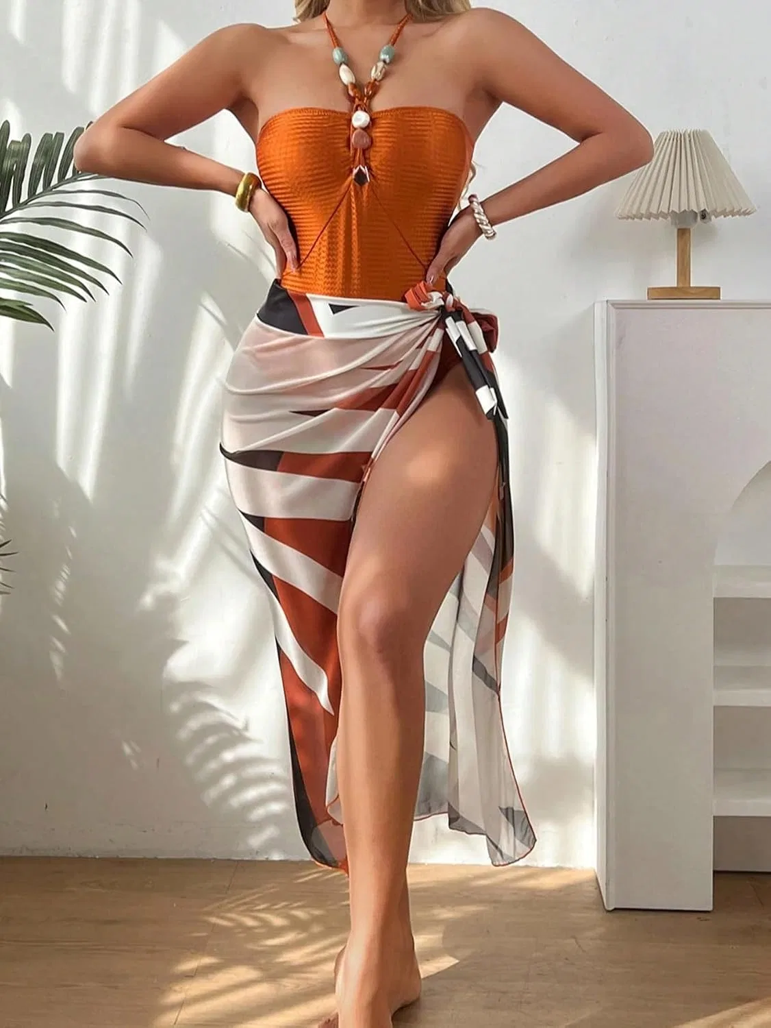 Женский полупрозрачный монокини с бретельками-спагетти, Orange — фото 3
