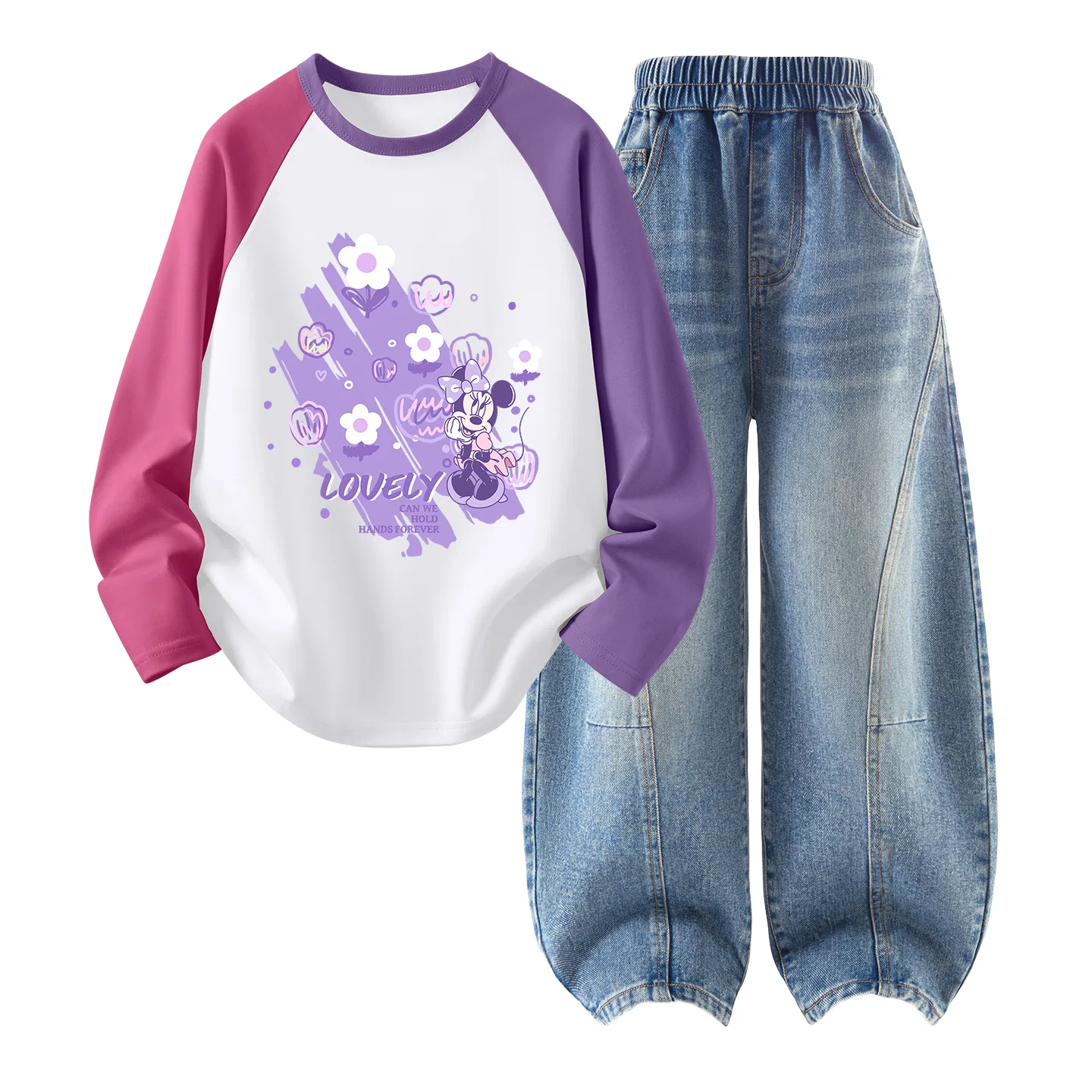 Детский спортивный комплект из футера с принтом Disney, Di Bubble Flower Rose Purple+Solid Color Denim Light Blue