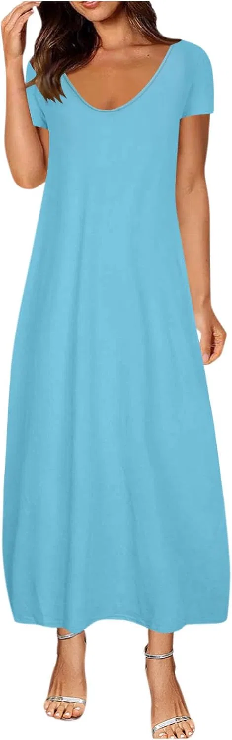 Женское повседневное платье макси с V-образным вырезом, Light Blue