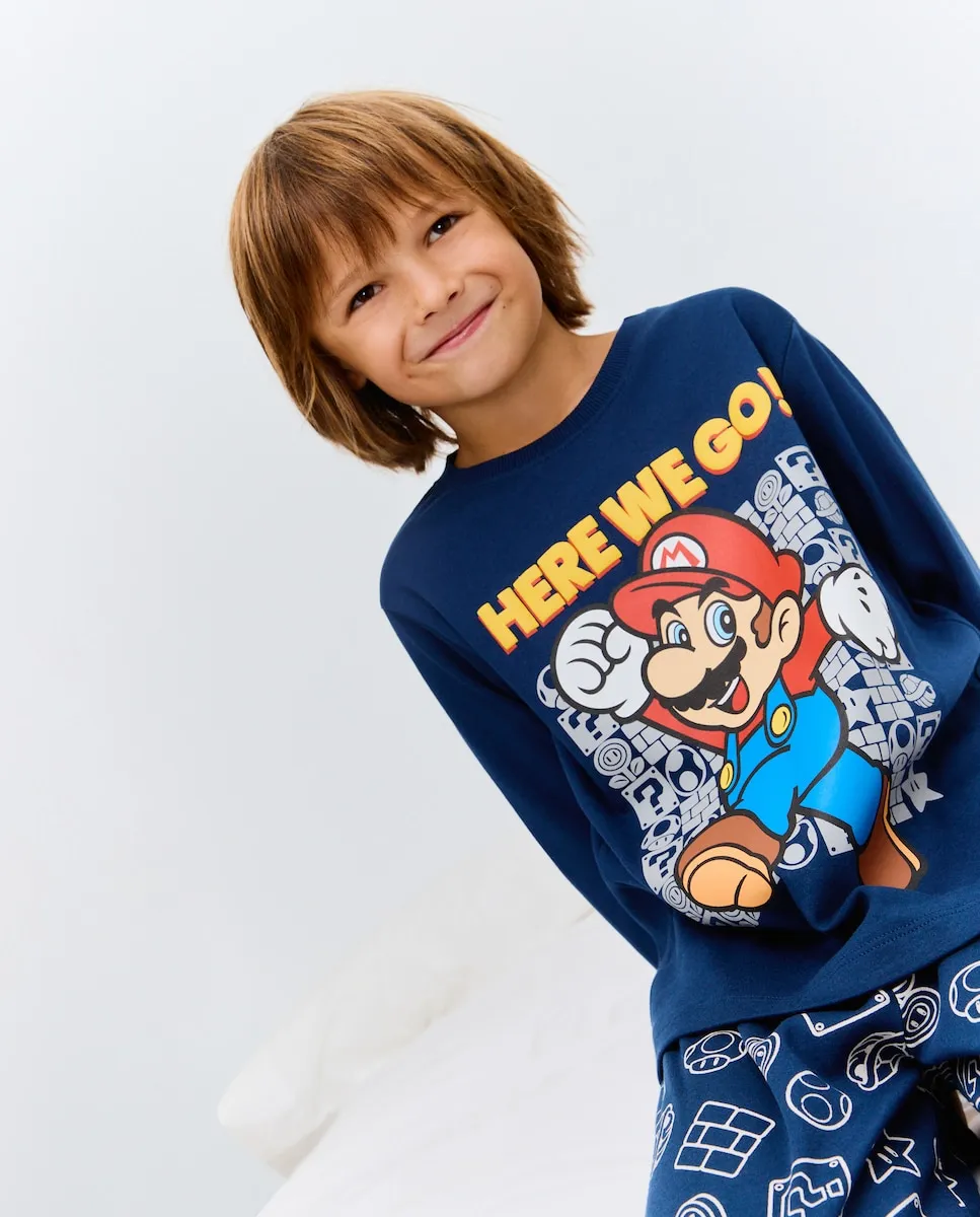 Длинная пижама с принтом Super Mario Bross для мальчика Cotton Juice, темно-синий — фото 2