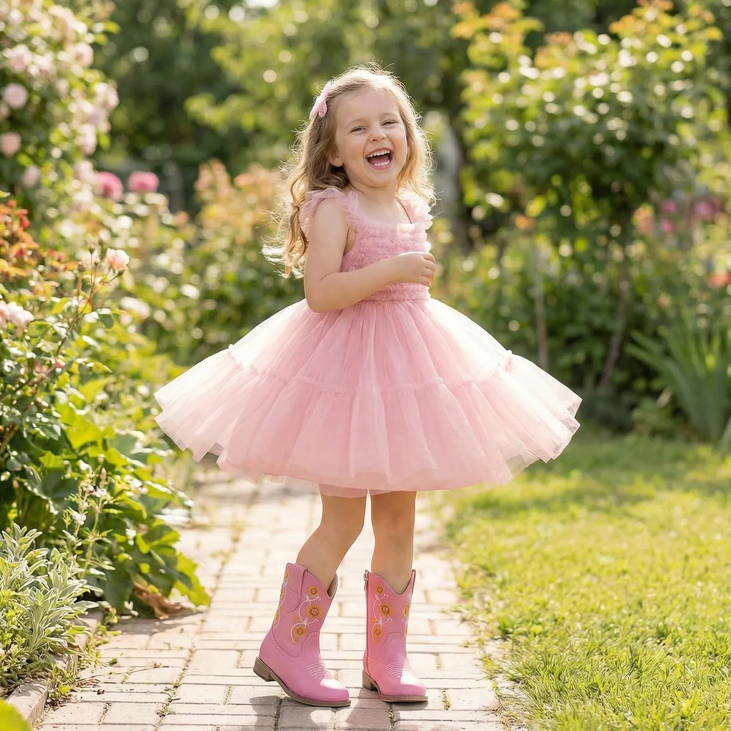 Детские сапоги для девочек с цветочной вышивкой Western Cowgirl Boots Bybmorto, Rose Pink — фото 3