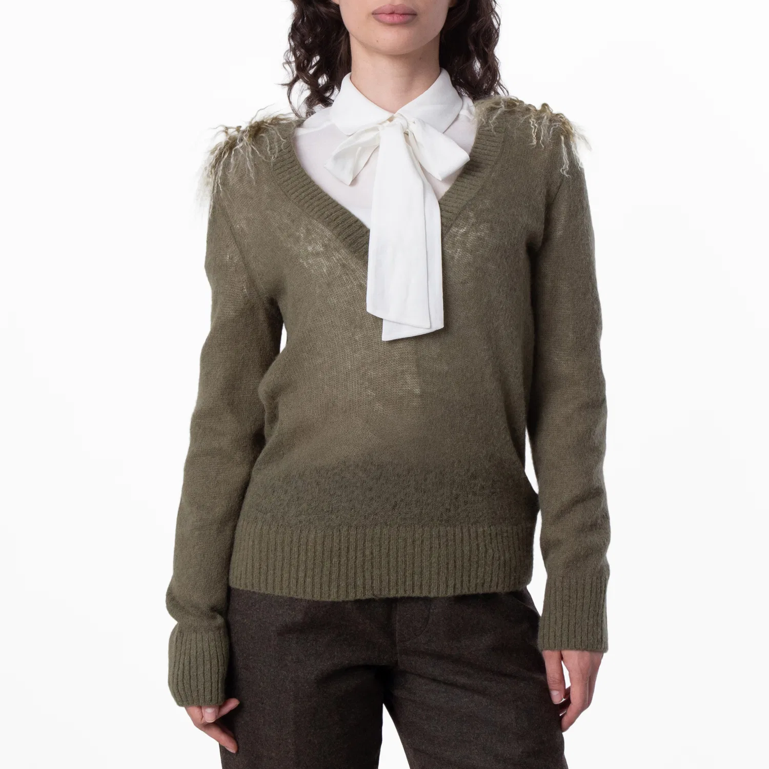 Свитер с V-образным вырезом Wool Blend V-Neck Sweater With Shearling Detail Burberry, Acre