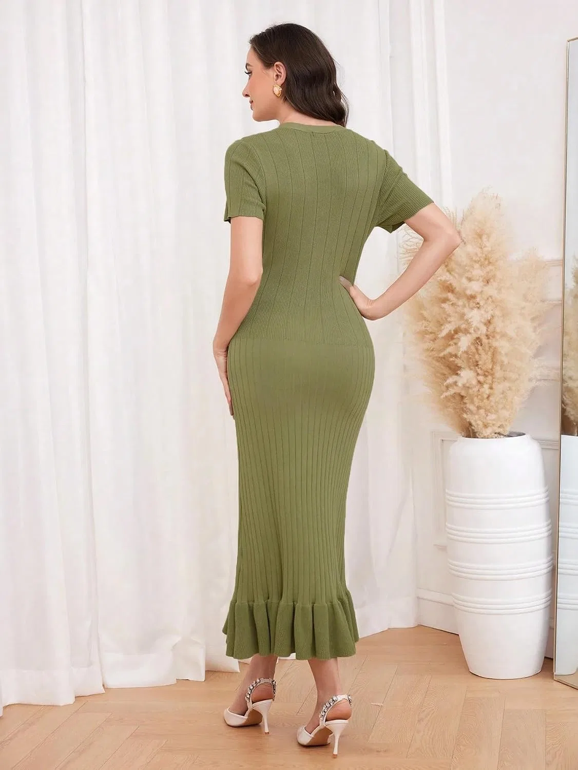 Женское платье миди с V-образным вырезом Knitwear, Green — фото 3