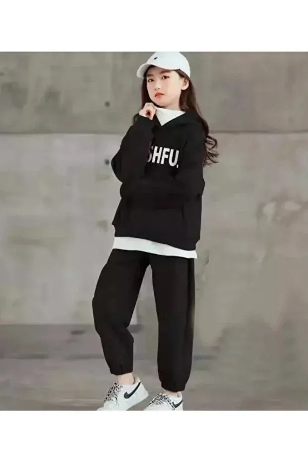 Детский спортивный комплект для девочек с принтом Bashful Shy Printed Oversize Kids Tracksuit Machetta, Black — фото 2