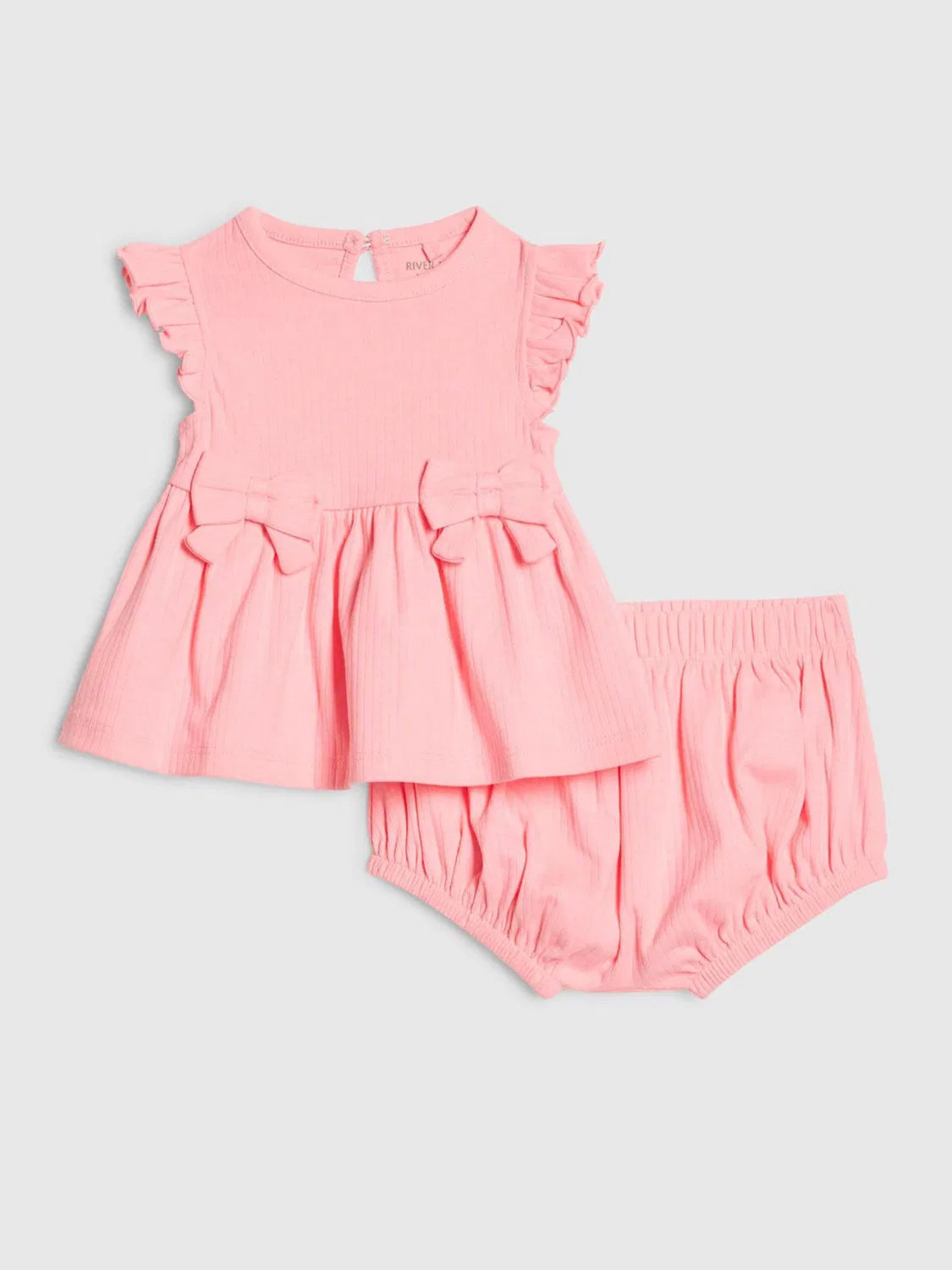Розовый комплект из топа и шорт в рубчик с баской и бантом River Island