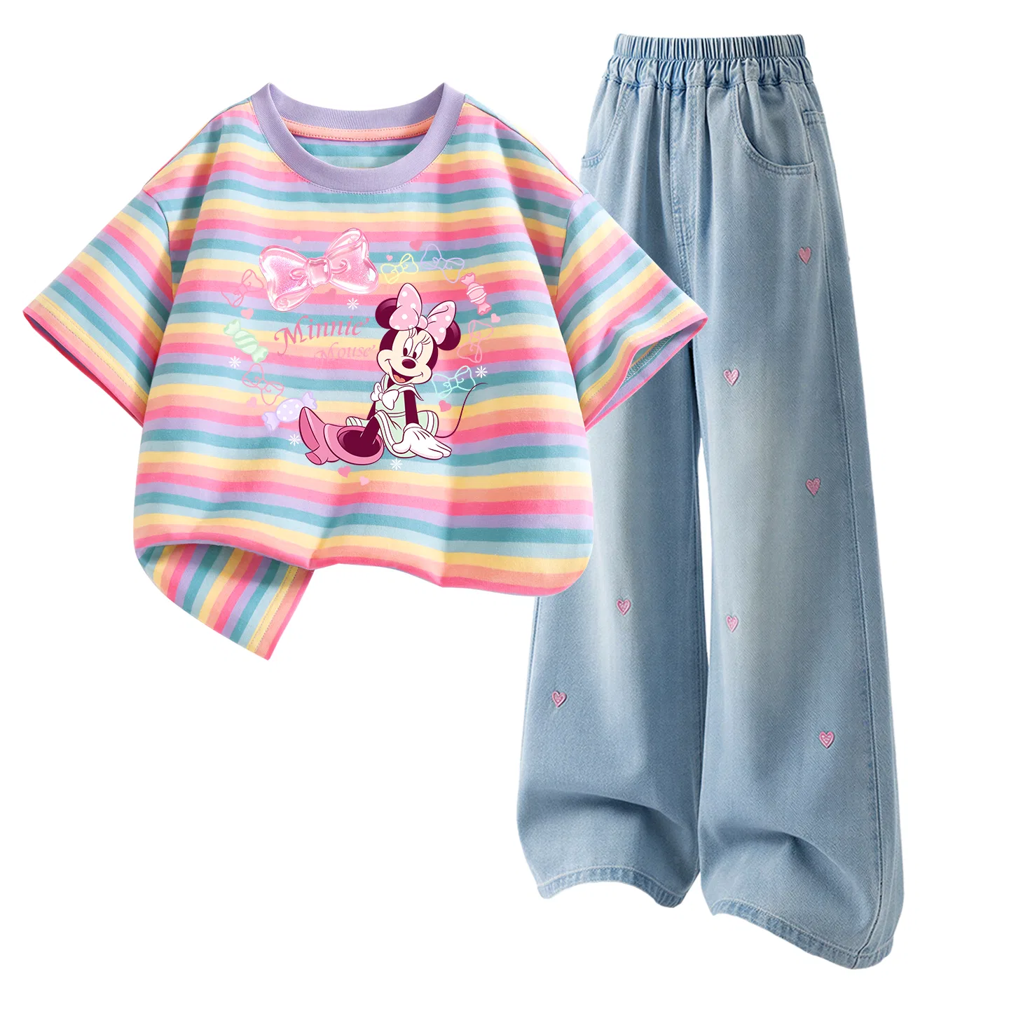 Детский спортивный костюм с круглым вырезом, Disney, Dior Heart Knot Lily of The Valley Purple+Solid Denim Light Blue