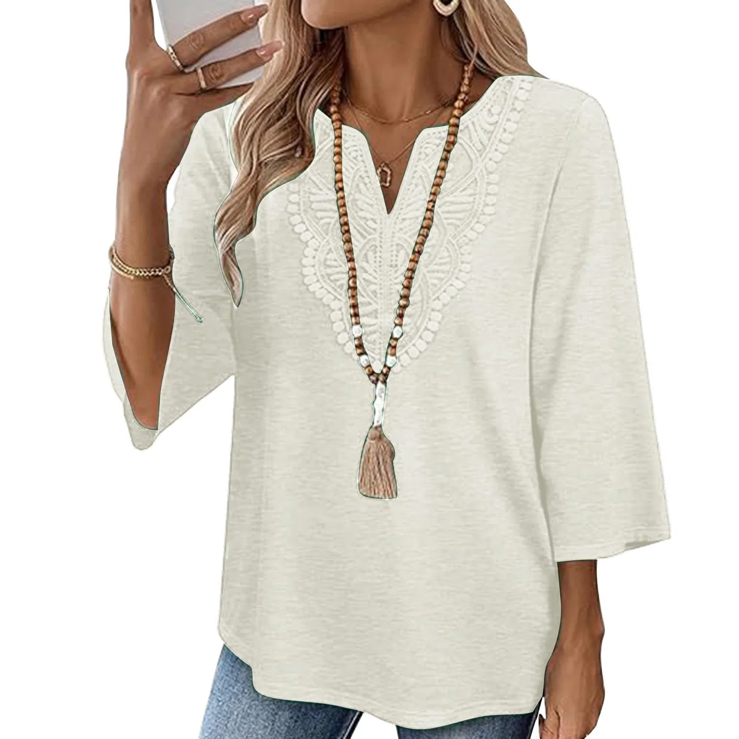 Женская льняная туника с вышивкой Retro 3/4 Sleeve Boho Casual Loose Fit Lightweight Summer Beach Blouse, C-beige