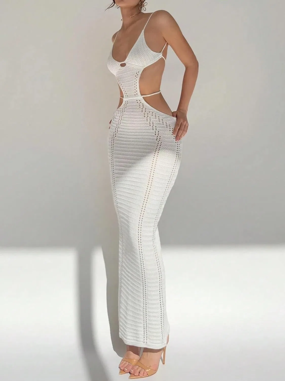 Женское сексуальное длинное платье без рукавов с открытой спиной Knitted, White — фото 3