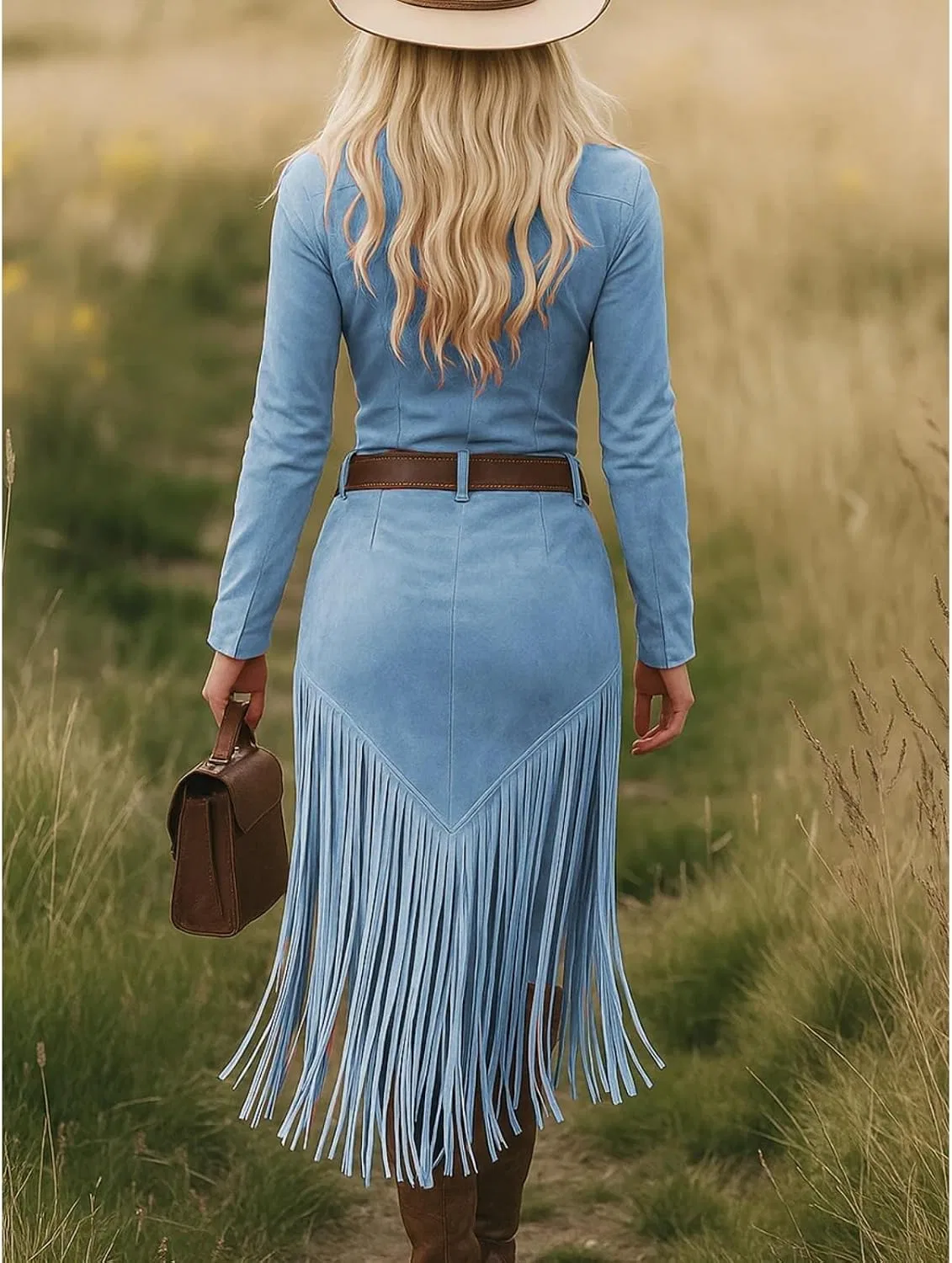 Женское платье из искусственной замши с бахромой, Western Cowboy Style, синий — фото 3