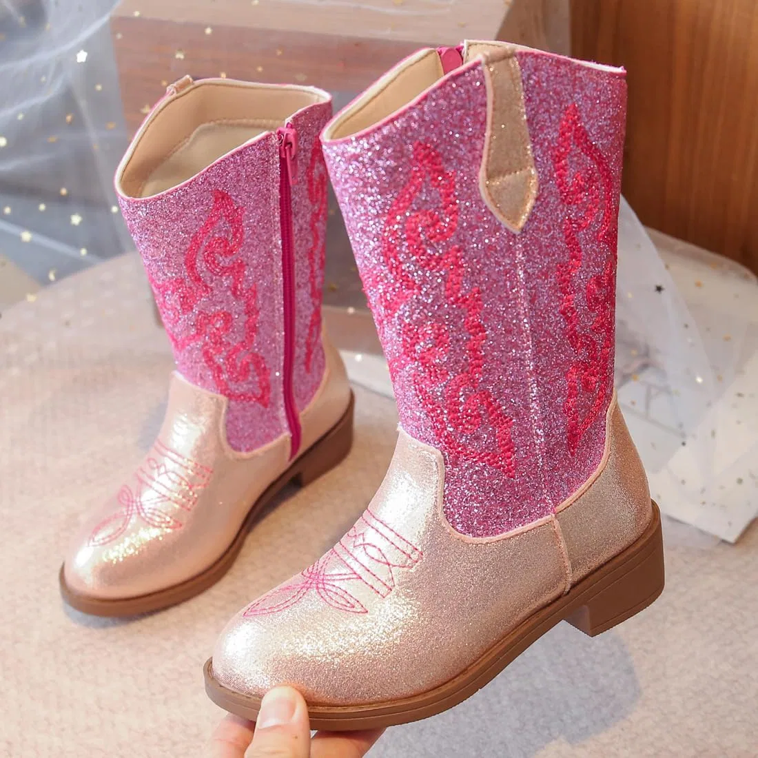 Детские сапоги-казаки с блестками Cowboy Boots для мальчиков и девочек kkdom, Gold Pink — фото 4