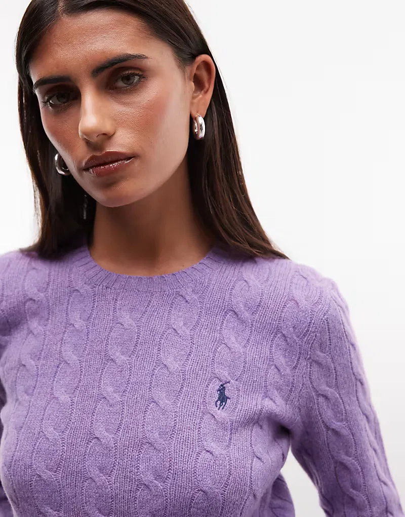 Хлопковый джемпер Polo Ralph Lauren с логотипом Icon, выполненный в технике косички, сиреневый