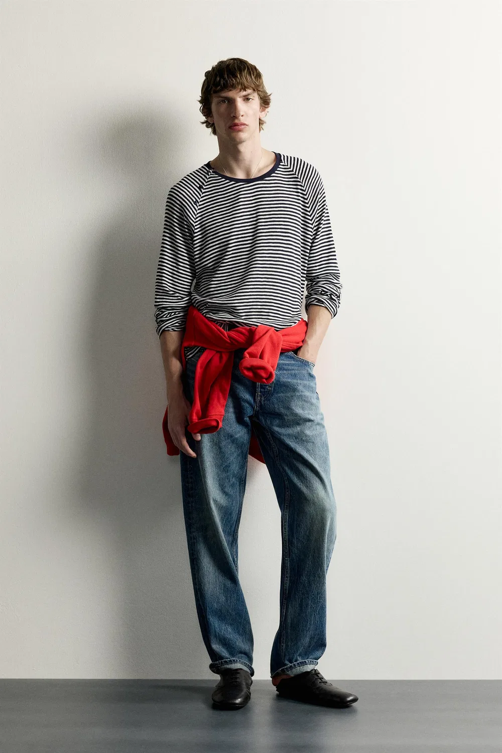 Футболка в полоску с пуговицами на воротнике ZARA, Navy/White