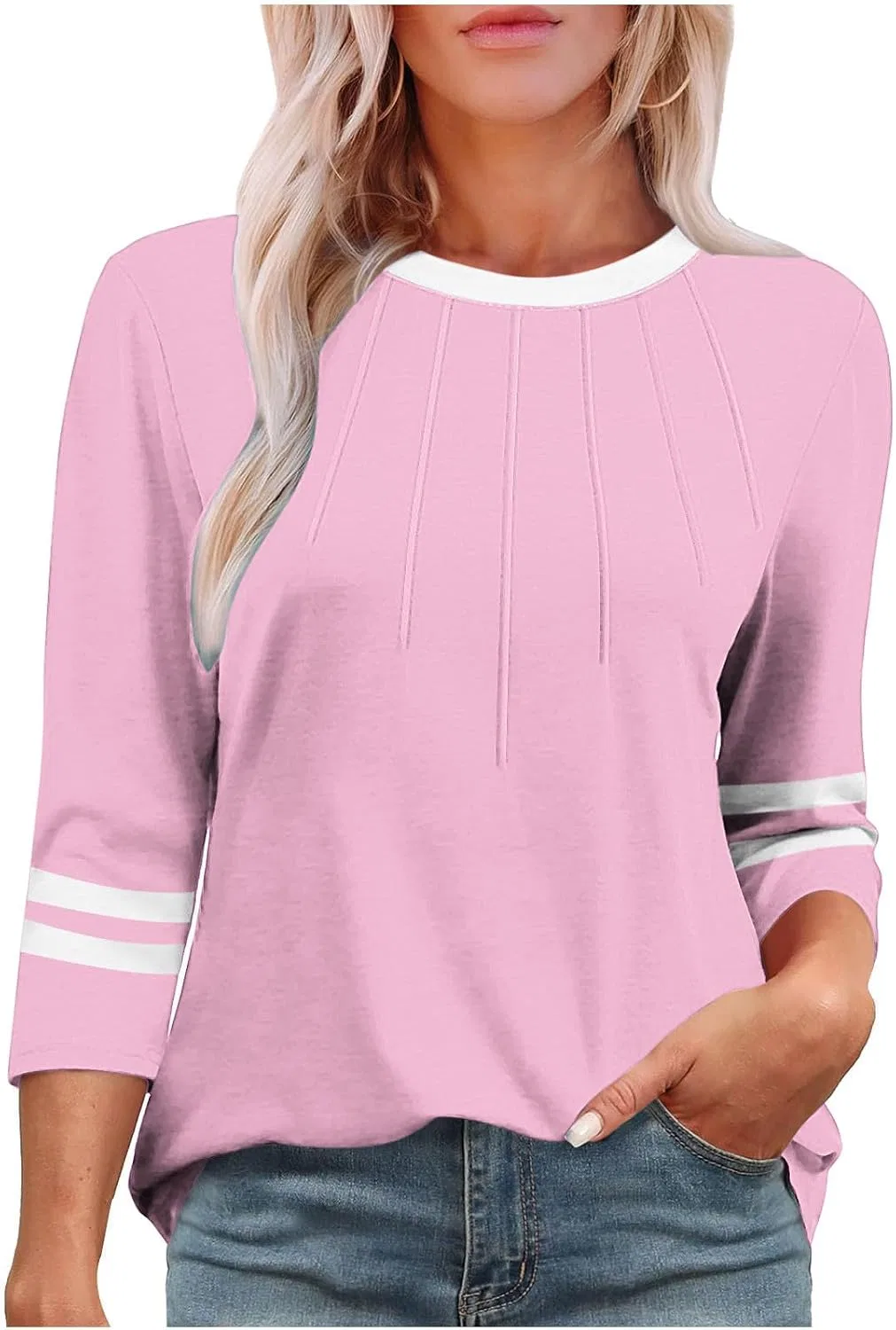 Женская блуза с цветовым блоком и плиссировкой 3/4 рукава, Pink