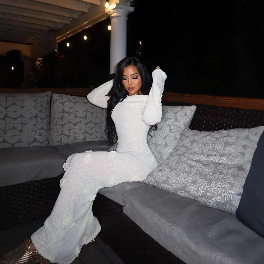 Женское платье-макси с открытыми плечами вязаное кружевное Bodycon, White — фото 3