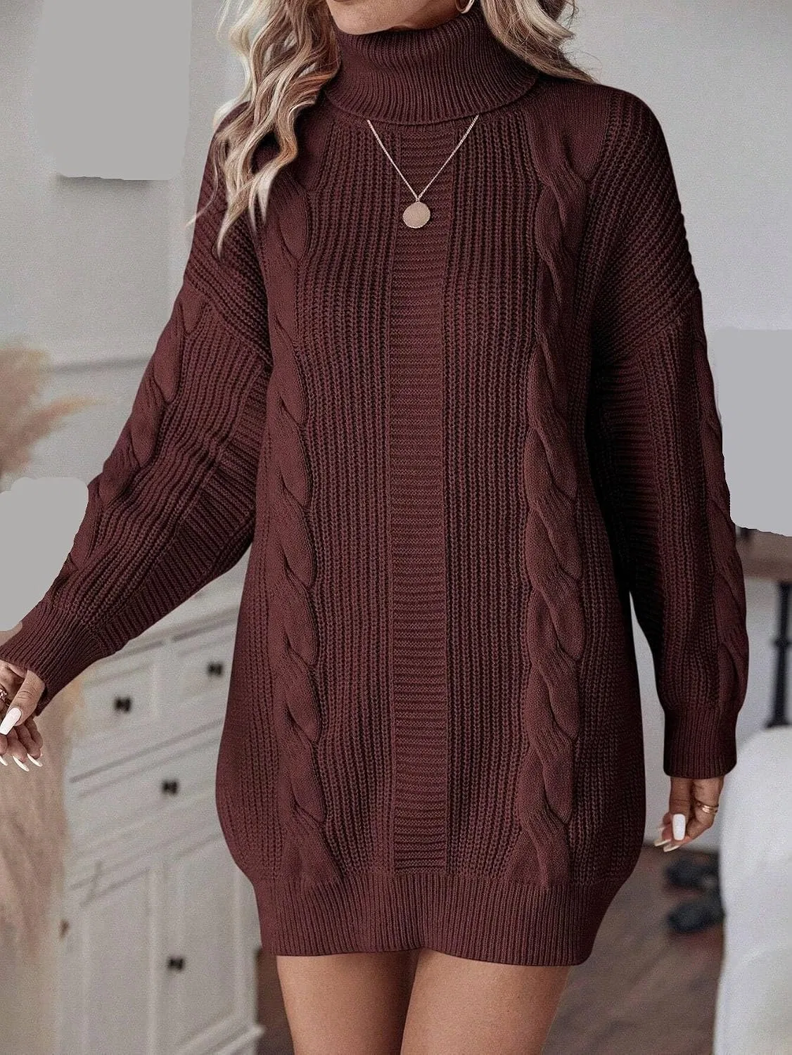 Женское длинное платье с высоким воротом свитер вязки кабель Drop Shoulder, Coffee Brown — фото 4