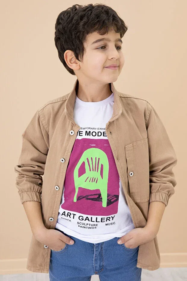 Детский комплект футболки и рубашки с принтом Coffee Printed T-Shirt Jean Shirt Cansın Mini, Brown — фото 3