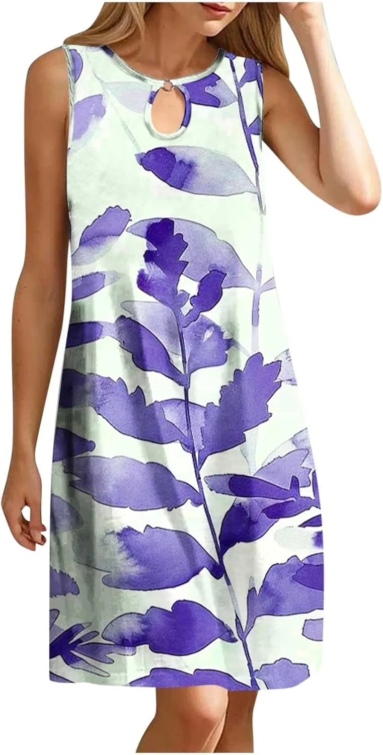 Женское летнее платье с листьями A-line, Purple