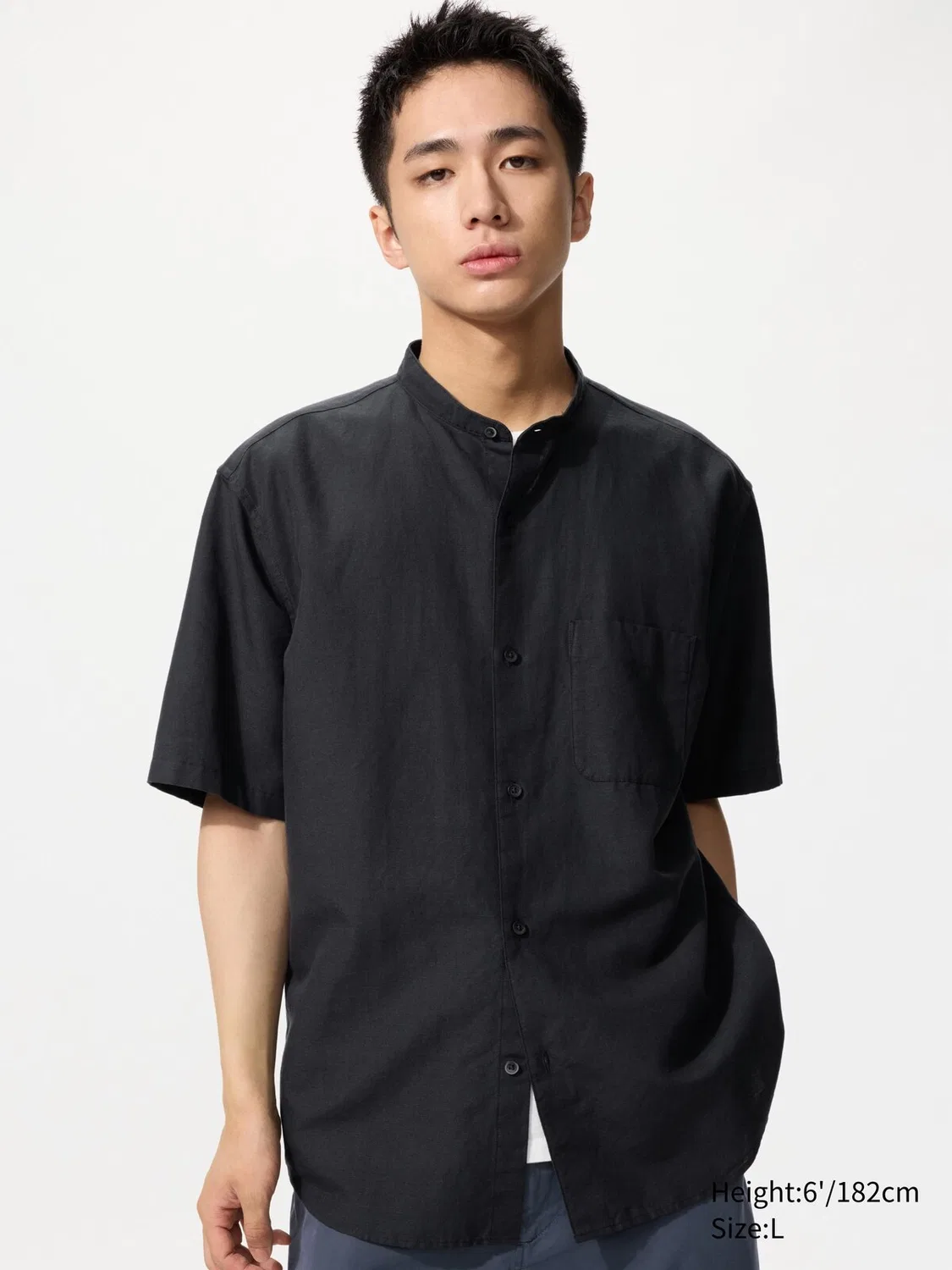 Рубашка Uniqlo, с коротким рукавом и стоячим воротником, черный