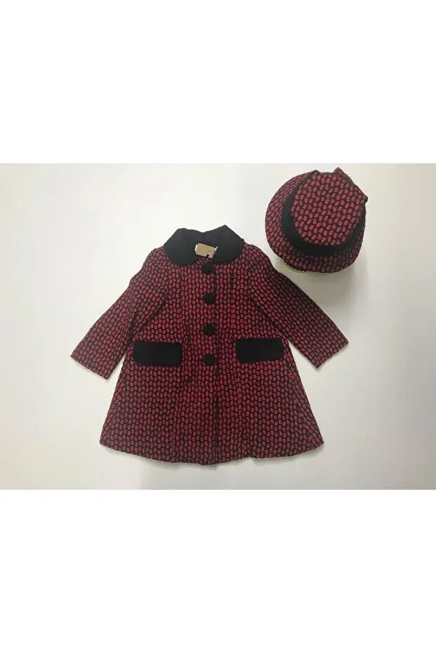 Детское пальто для девочек с принтом Winter collared lined hat buttoned pocket square patterned Baby Slon Kids Clup, Red-Black