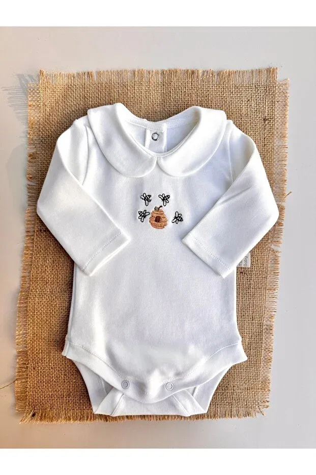 Детское боди для новорожденных с принтом пчелки Honey bee embroidered snap fastener bodysuit Mama Miel Baby, White
