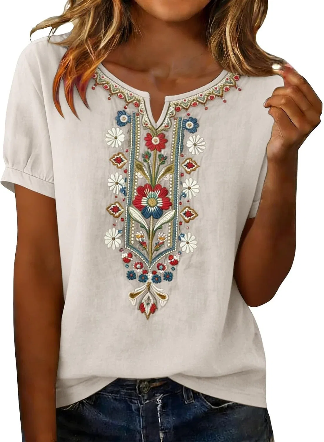 Женская туника с вышивкой Cotton Linen Gauze Simple Summer Tunic Blouses, бежевый