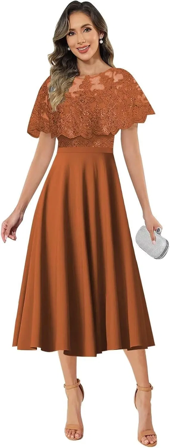 Женское шифоновое платье с кружевной накидкой MJ123, Burnt Orange