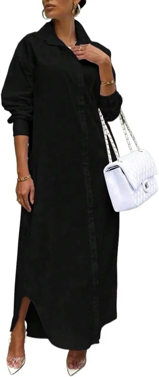 Женское длинное свободное платье-рубашка с пуговицами, Black