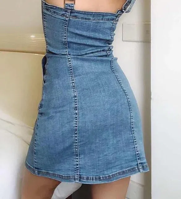 Женское мини-платье из денима с открытой спиной, облегающее, Blue — фото 3