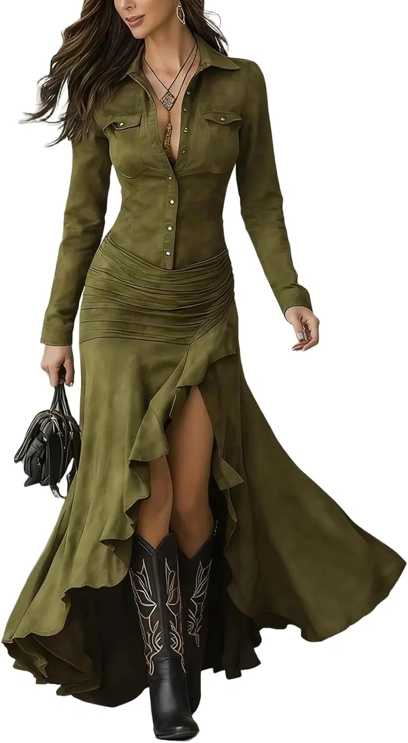 Женское платье-рубашка из вельвета Long Sleeve Loose Corduroy Mini Dresses, Army Green