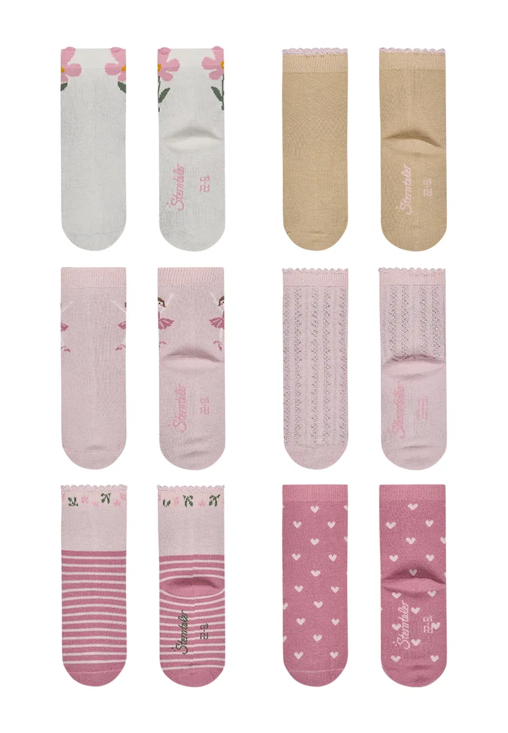 Socken 6er Pack Blume, uni, Ballerina, Struktur, Herzen und Ringel - носки Sterntaler, Ecru