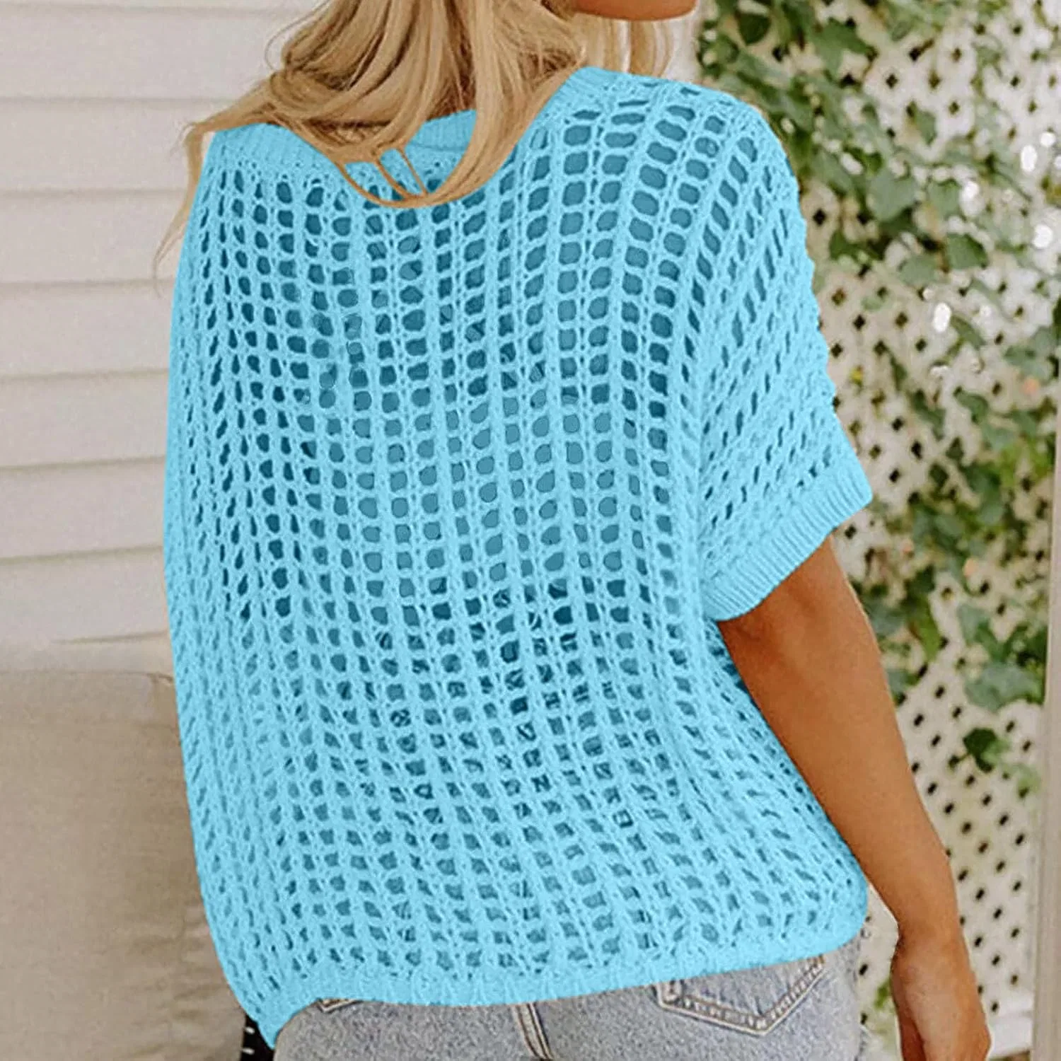 Женская вязаная пляжная накидка с короткими рукавами, Light Blue — фото 3