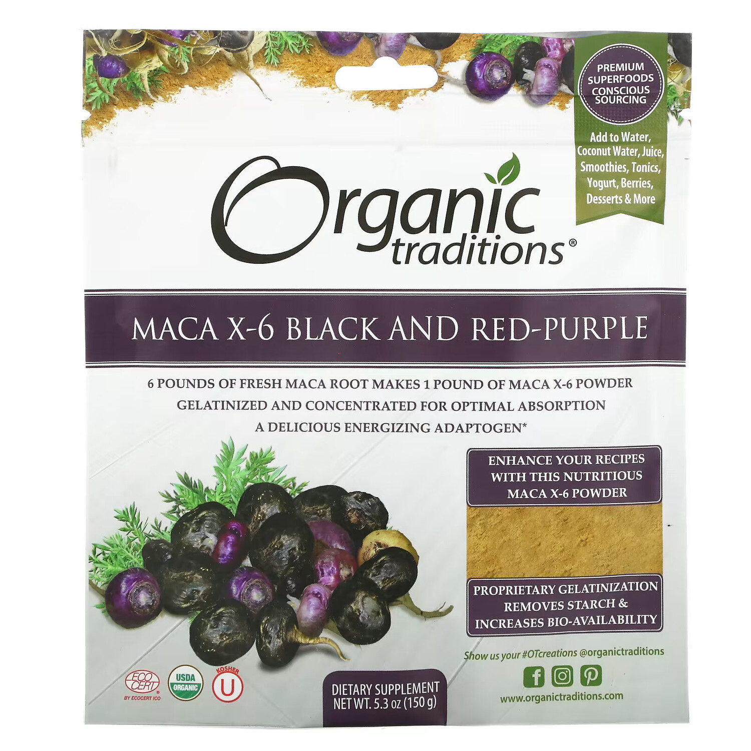 

Organic Traditions, Maca X-6, черная и красно-фиолетовая, 150 г (5,3 унции)