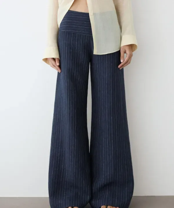Брюки льняные в полоску, расклешенные, Massimo Dutti