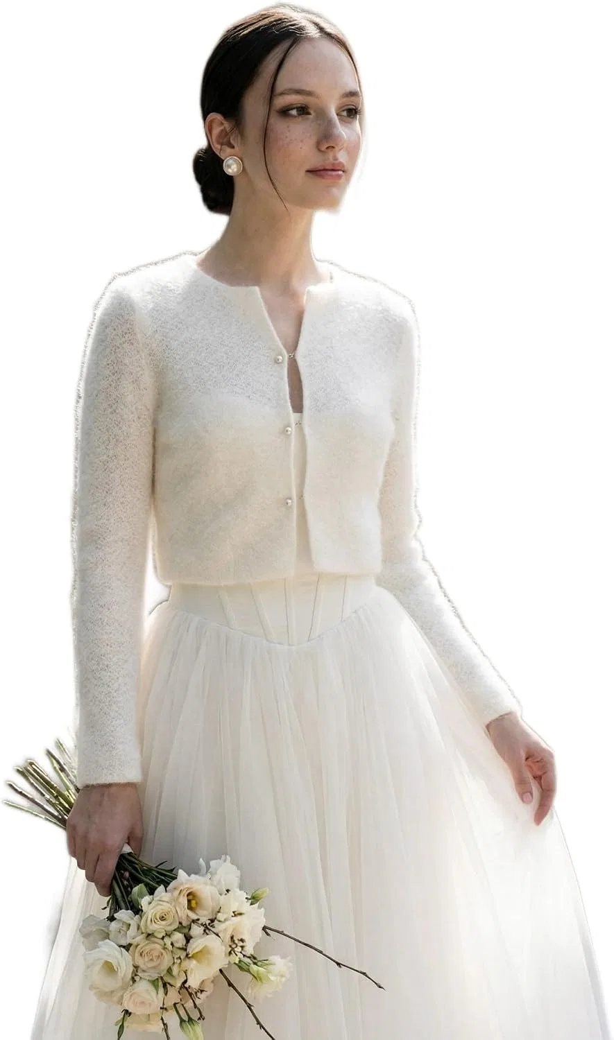 Женское болеро из мохера с длинным рукавом, Ivory, светло-белый