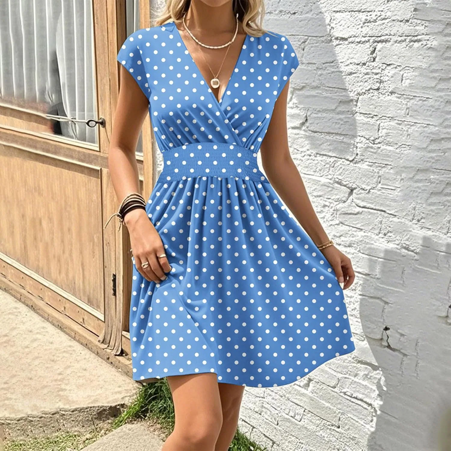 Женское повседневное платье с капюшоном и V-образным вырезом, Light Blue — фото 2