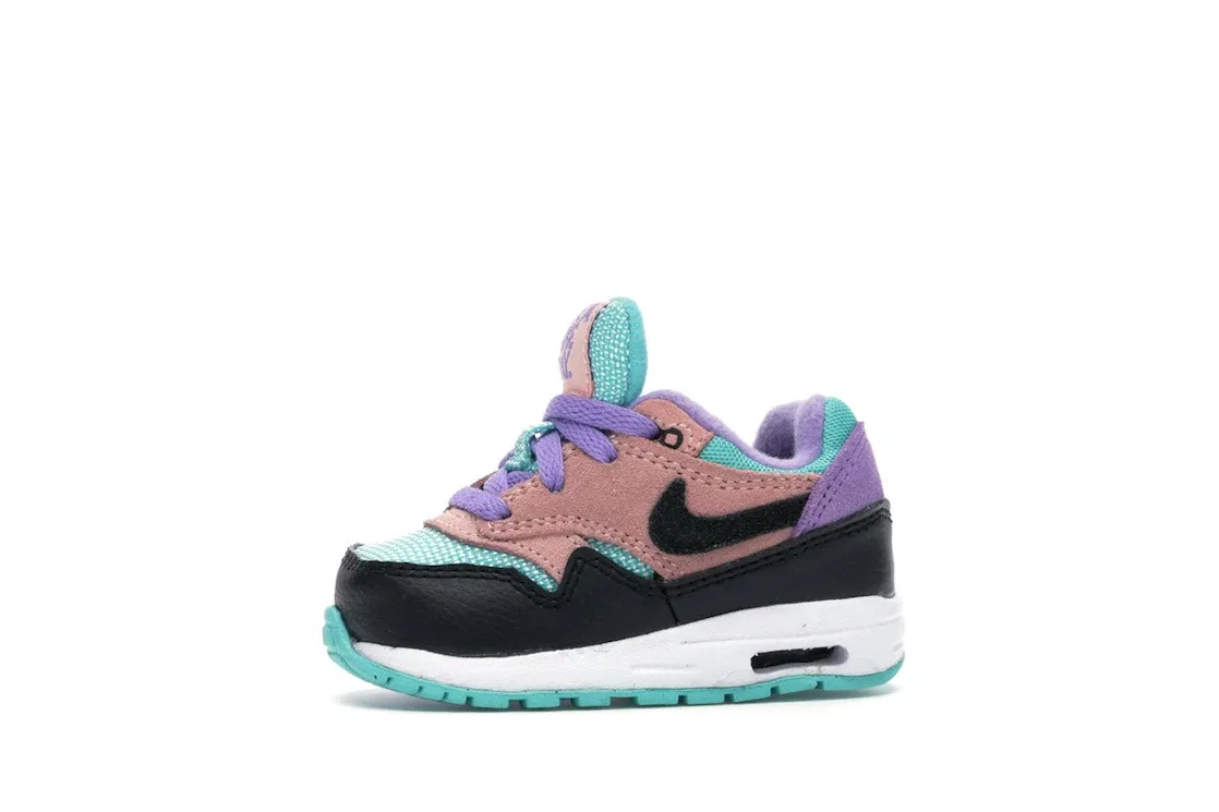 Детские кроссовки с ярким дизайном Nike Air Max 1 Have a Nike Day, цвет Black/White-Space Purple-Bleached Coral-Hyper Jade — фото 3
