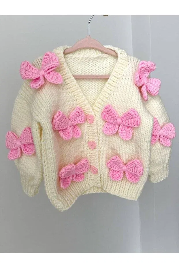 Детский кардиган для девочек с ручной вышивкой Ribbon detailed hand knitted girl's cardigan El Örgüsü, Cream