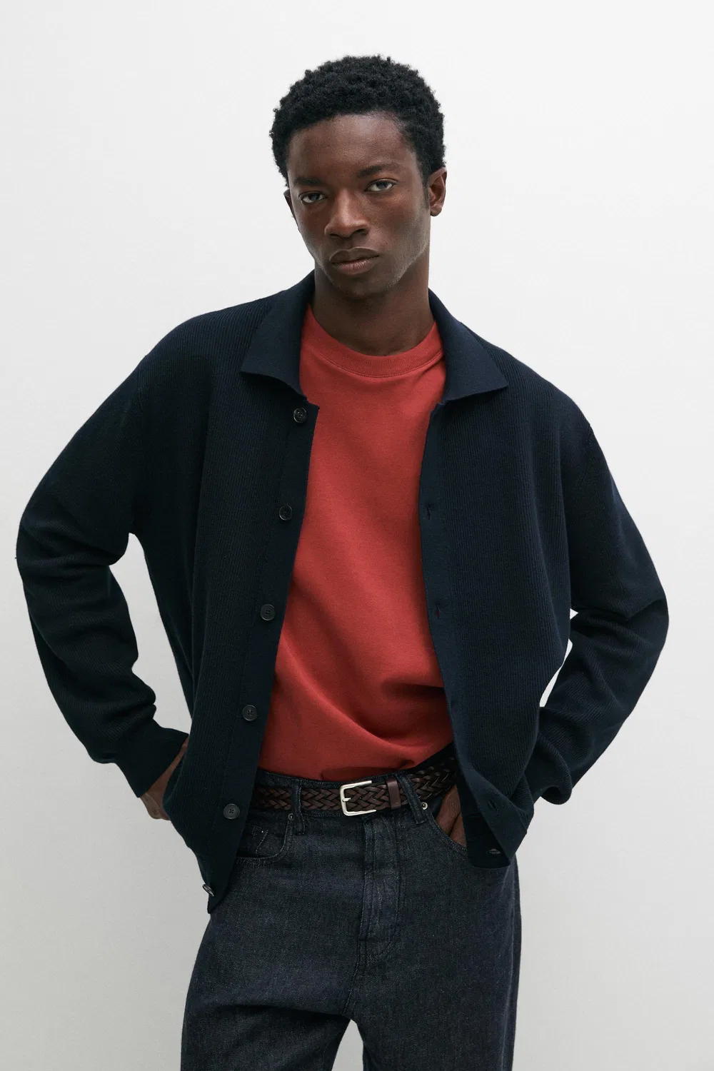 Кардиган Massimo Dutti 100% Cotton Polo Collar Knit, темно-синий — фото 4