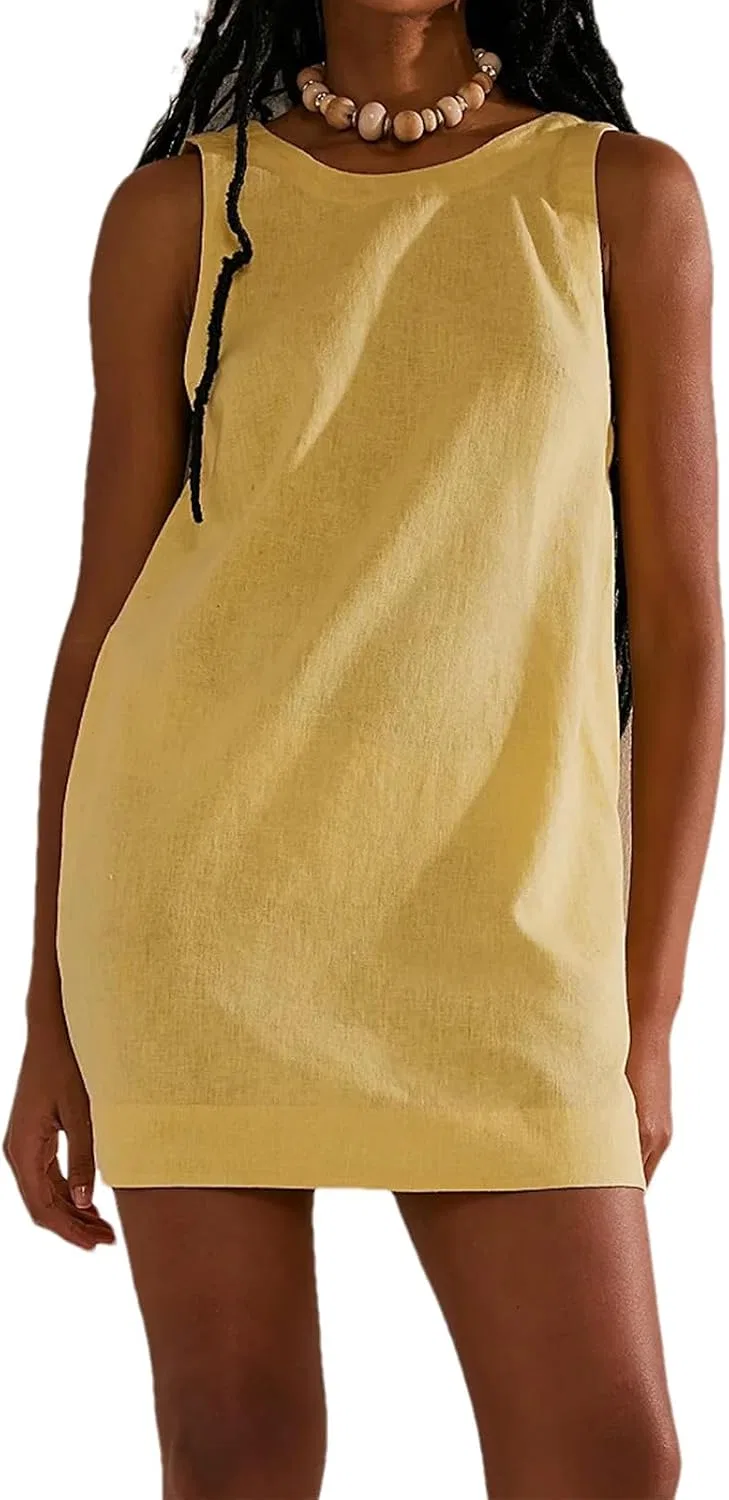 Женское летнее платье-миди с открытой спиной Cotton Linen, Yellow